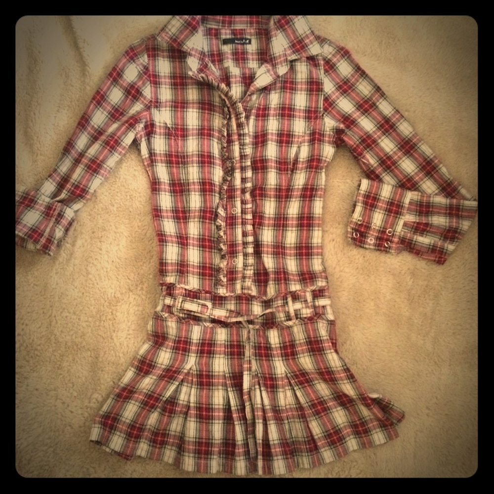 Plaid long-sleeve mini dress with flirty ruffle, sz. 0, XS